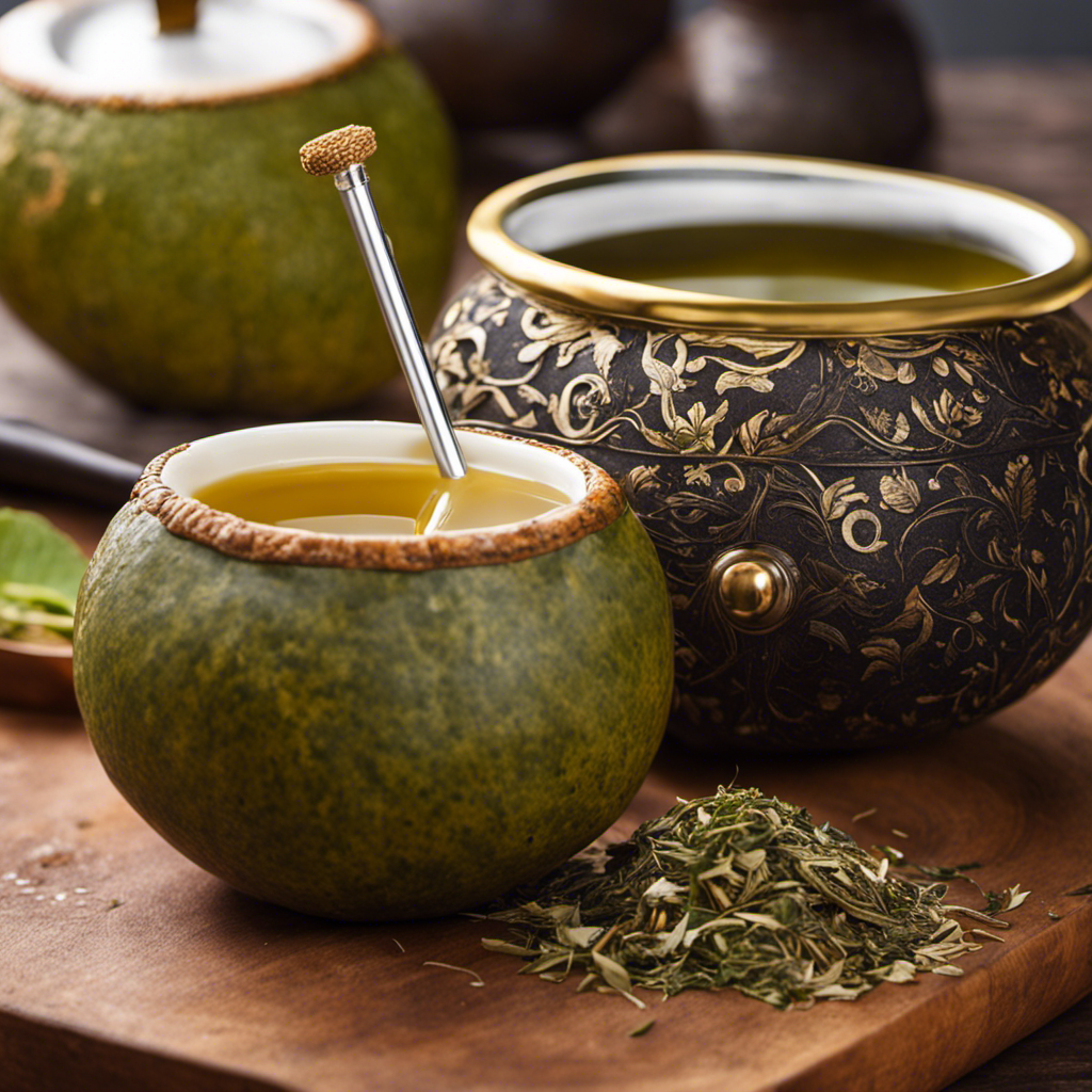 An image showcasing the step-by-step process of preparing authentic Yerba Mate: Gently pouring hot water into a gourd filled with dried Yerba leaves, inserting a metal straw (bombilla), and savoring the invigorating herbal infusion