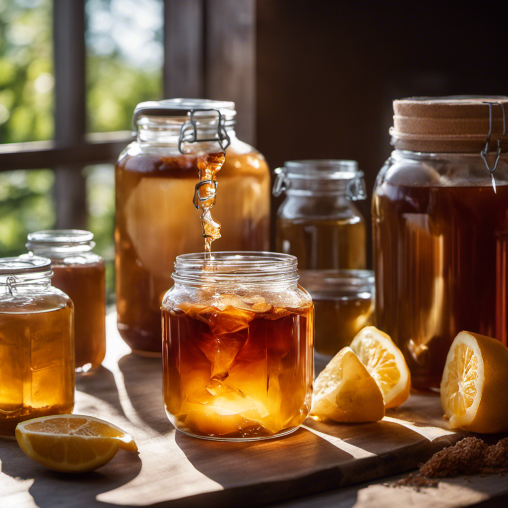 An image of a glass jar filled with a floating scoby, surrounded by bottles of fermenting kombucha tea