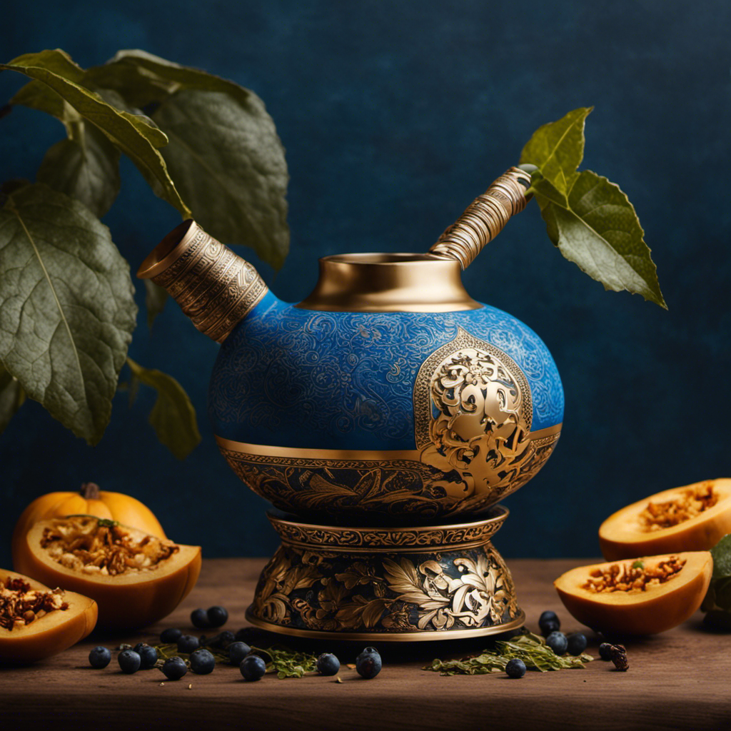 An image showcasing the step-by-step process of crafting Bluephoria Yerba Mate: a hand gracefully pouring freshly brewed vibrant blue liquid into a gourd, accompanied by a bombilla, leaves, and a serene backdrop