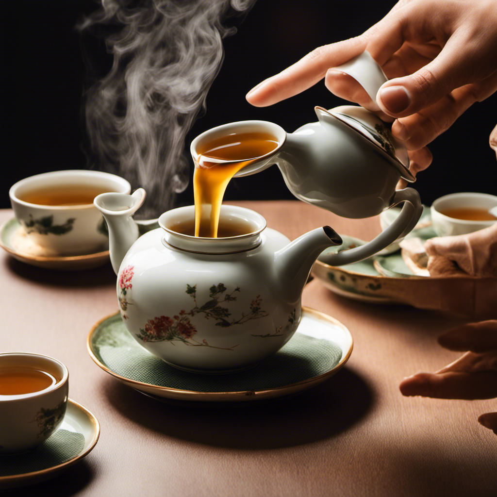 An image showcasing the art of making Chinese Oolong tea: An elegant hand gently pouring steaming water from a traditional teapot into a delicate porcelain cup filled with rolled Oolong leaves