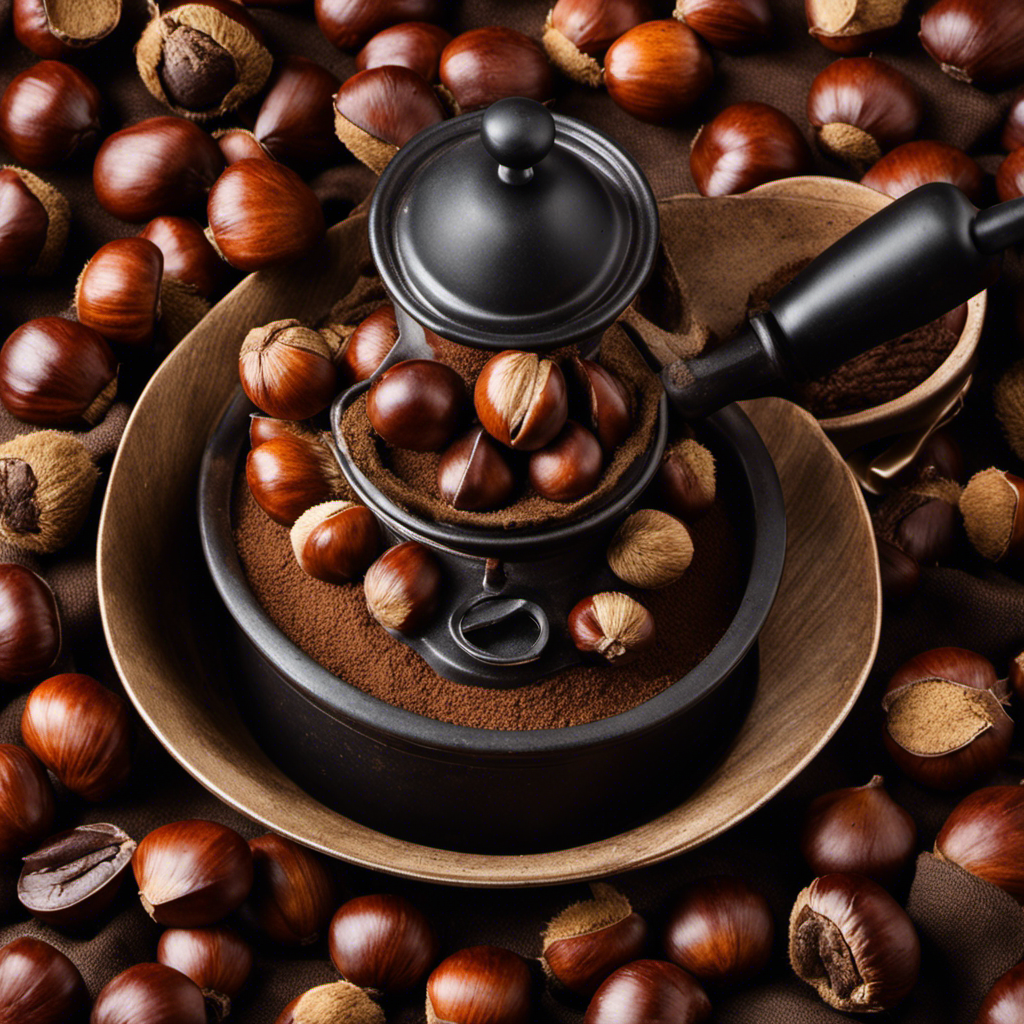 An image showcasing the step-by-step process of transforming chestnuts into a rich coffee substitute: a hand grinding roasted chestnuts into a fine powder, followed by a brewing method with a rustic coffee pot and steam rising from a cup of chestnut "coffee