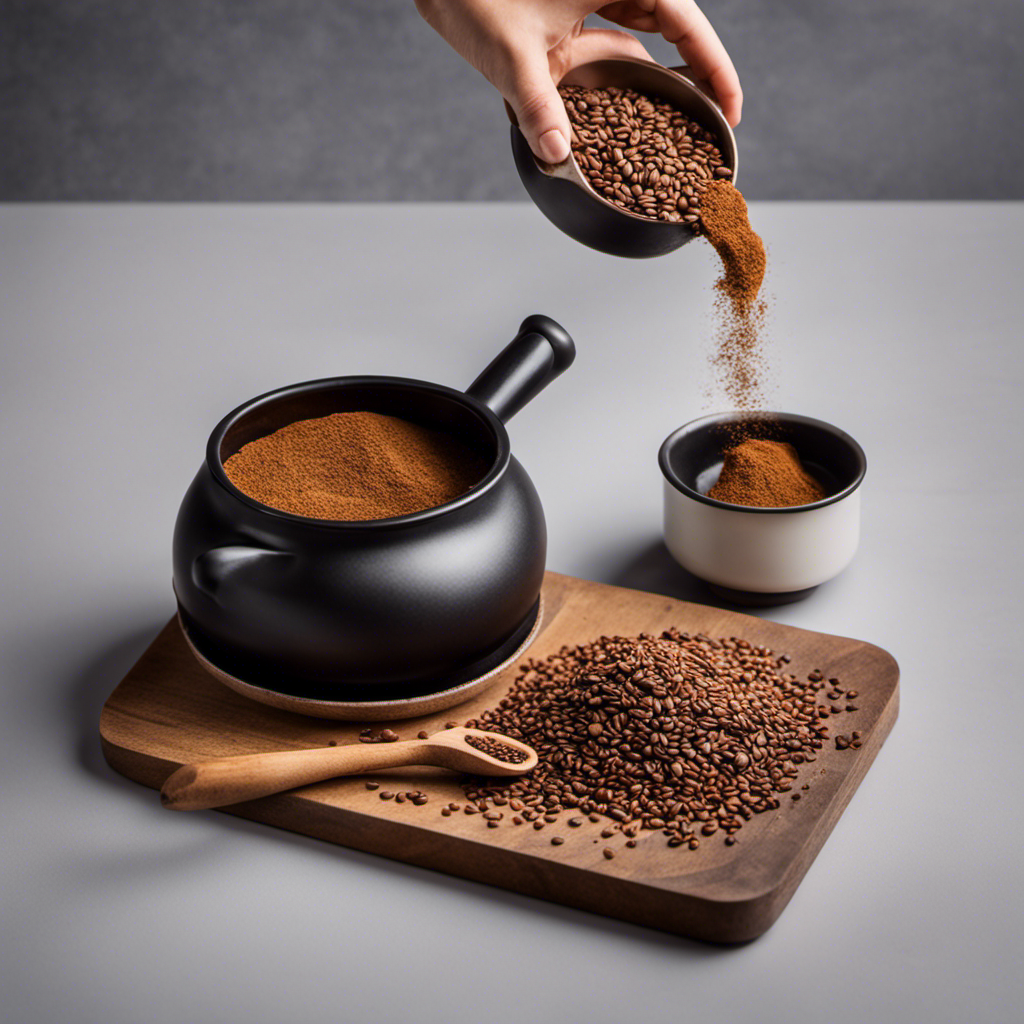 An image showcasing the step-by-step process of making coffee substitute from grains: a hand grinding roasted grains into a fine powder, a pot simmering the mixture, and a cup filled with the rich, aromatic beverage