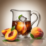 An image showing a glass pitcher filled with ice cubes and sliced peaches, while a tea bag of oolong tea hangs inside