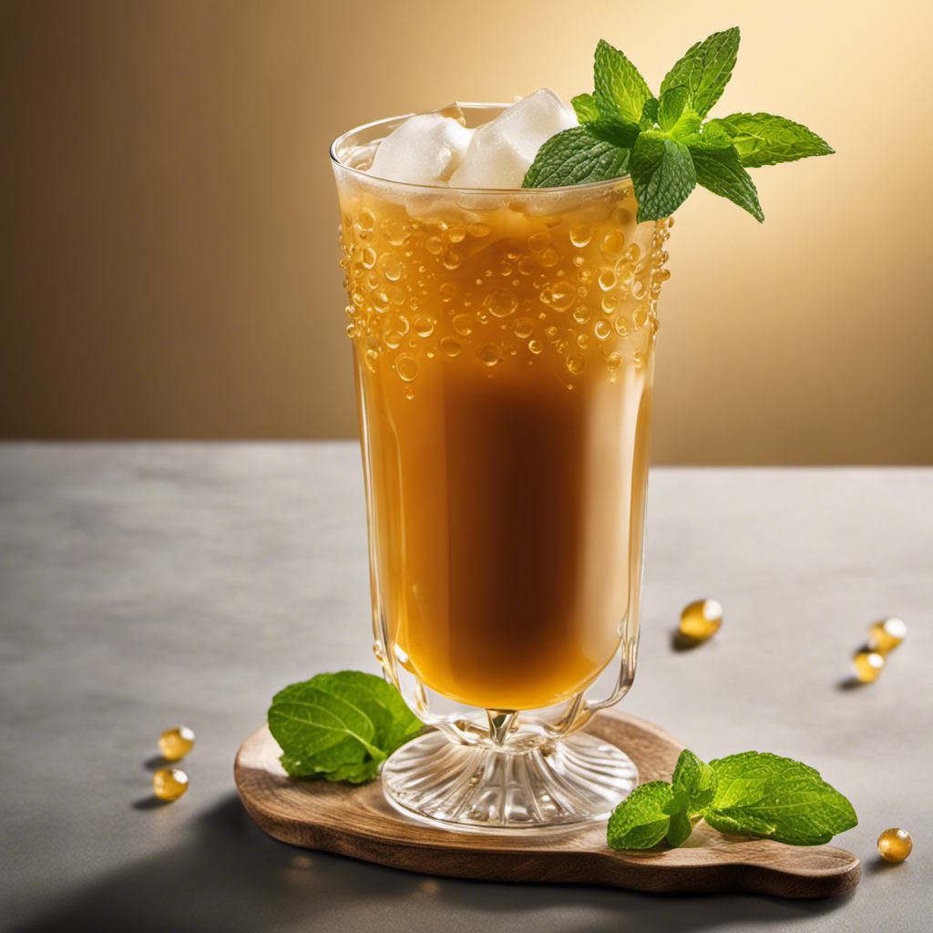 the essence of cold oolong milk tea in an image: A tall glass filled with golden-hued iced tea, adorned with condensation droplets clinging to its sides, crowned with a creamy, frothy layer, and garnished with a sprig of fresh mint
