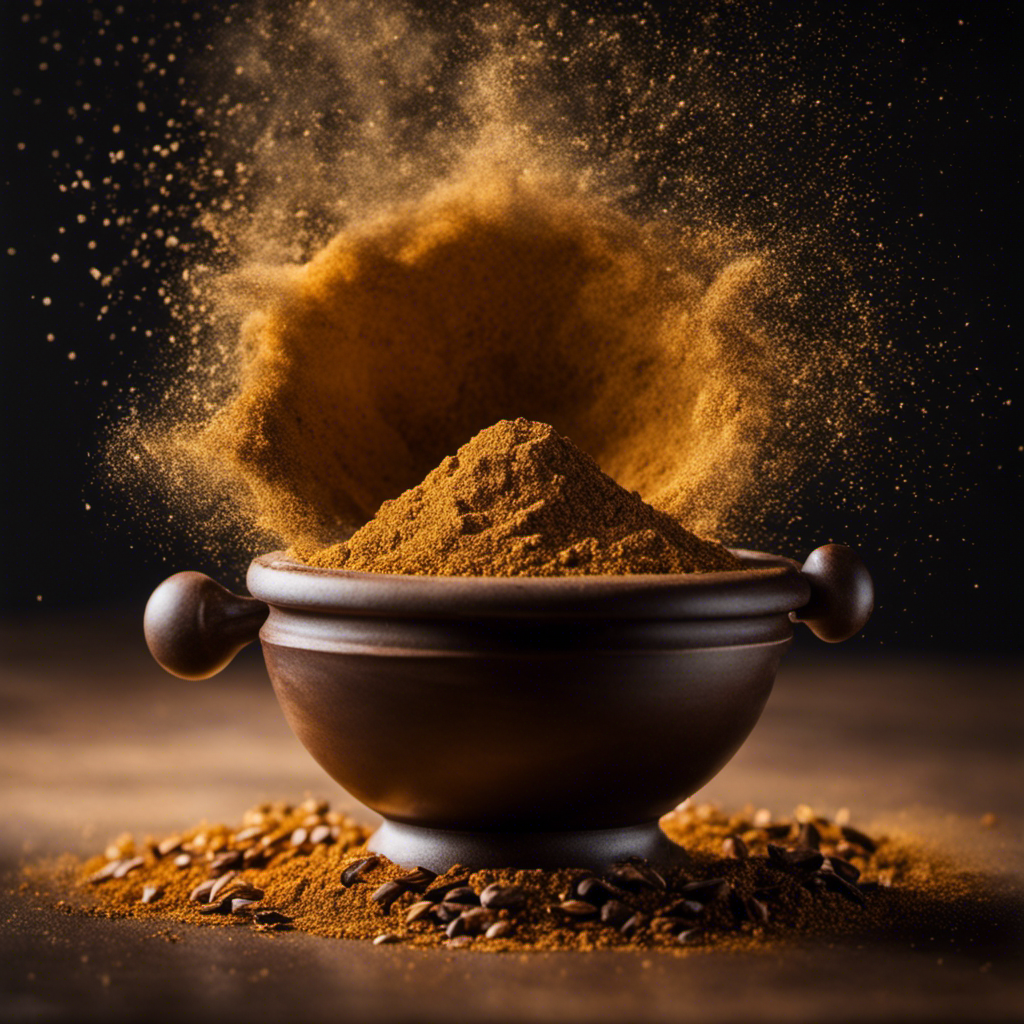 -up shot of a mortar and pestle gently grinding roasted dandelion roots and chicory into a fine powder, with golden dust gracefully swirling in the air, showcasing the process of preparing a homemade coffee substitute