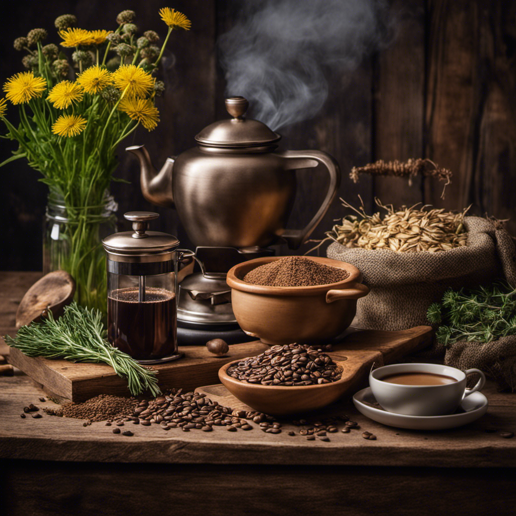 An image showcasing a cozy kitchen scene with a rustic wooden table adorned with various aromatic herbs such as dandelion root, chicory, and roasted barley, alongside coffee paraphernalia like a grinder and French press