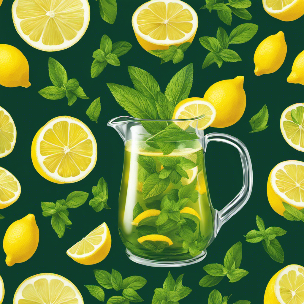 An image of a clear glass pitcher filled with vibrant green herbal iced tea, adorned with slices of lemon and sprigs of fresh mint