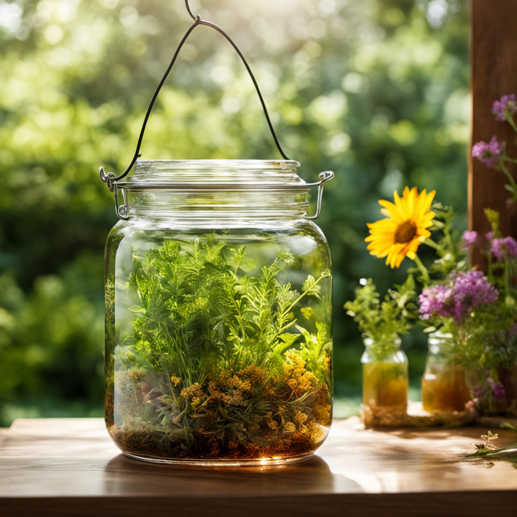 An image showcasing a glass jar filled with a vibrant mixture of sun-soaked herbs, immersed in clear water with the sun's rays gently illuminating the surroundings, capturing the essence of making herbal sun tea