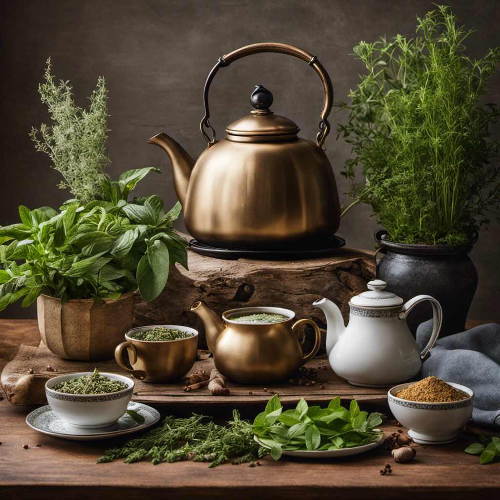 An image that showcases a serene kitchen scene with a vintage kettle on a stovetop, surrounded by various aromatic herbs like tulsi, ginger, and cardamom, along with delicate teacups and a teapot