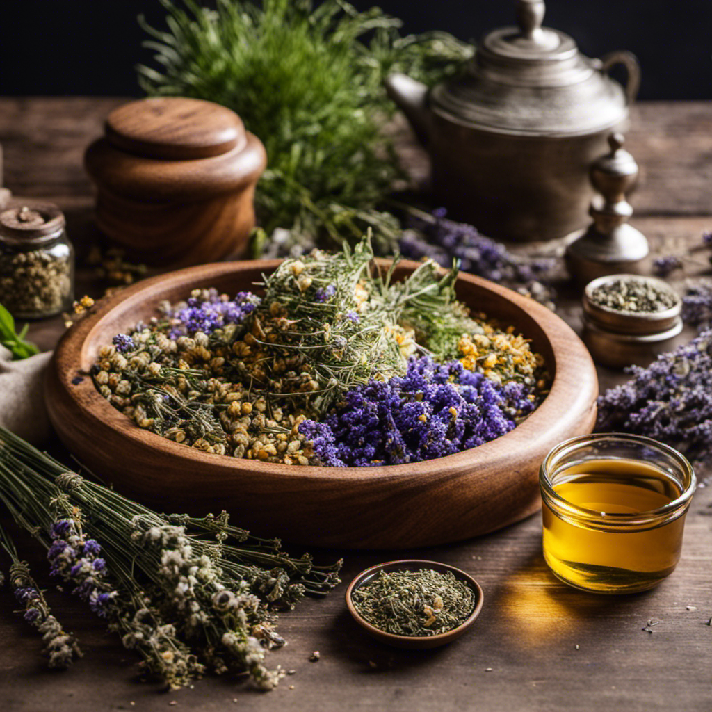 An image showcasing a wooden countertop adorned with an array of vibrant dried herbs, such as chamomile, lavender, and peppermint, alongside a mortar and pestle, tea infuser, and delicate glass jars for a blog post on crafting homemade herbal tea blends