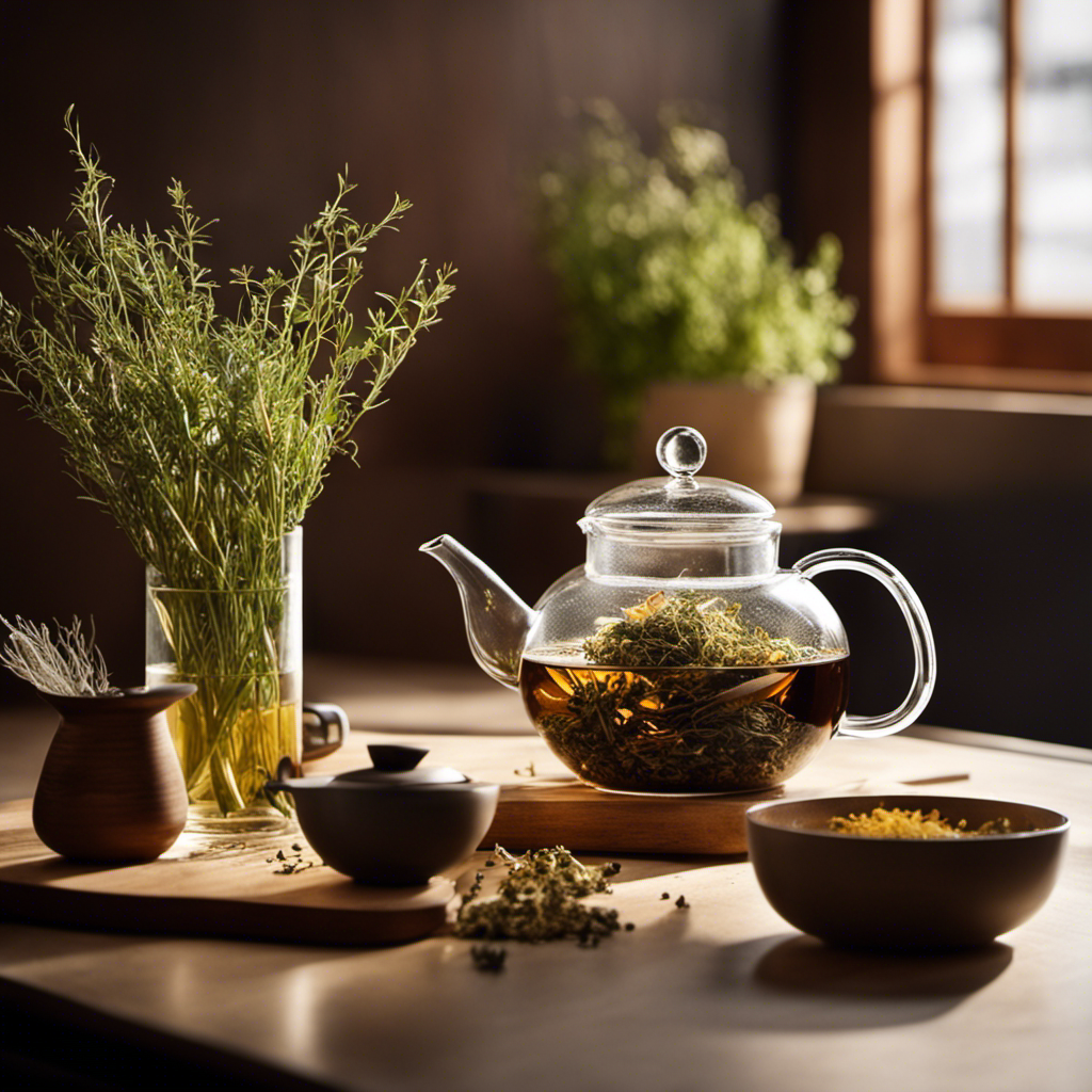 An image showcasing a serene, sunlit kitchen counter adorned with a Teavana tea infuser, delicate dried herbs, a steaming teapot, and a cup of aromatic herbal tea, inviting readers to learn the art of brewing a perfect cup