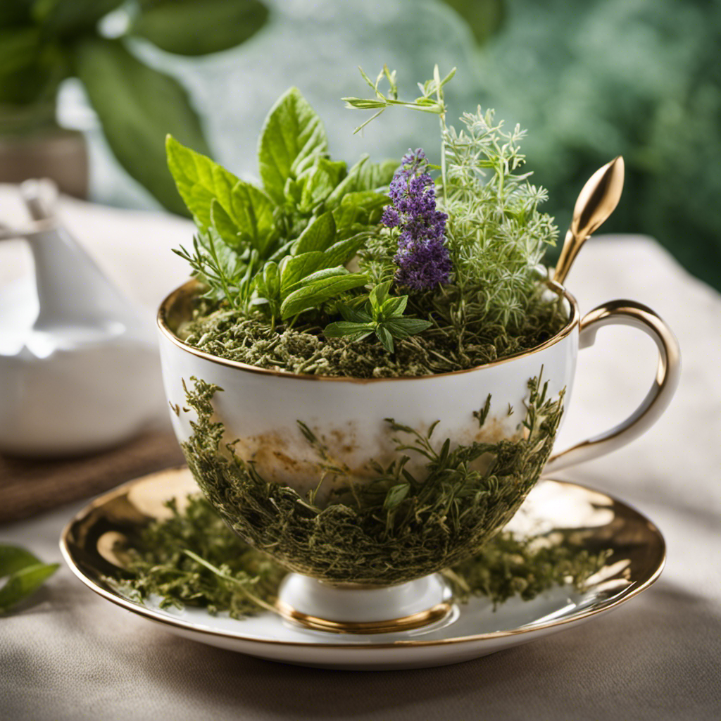 An image showcasing a close-up of a tea ball filled with aromatic herbs, gently steeping in a teacup