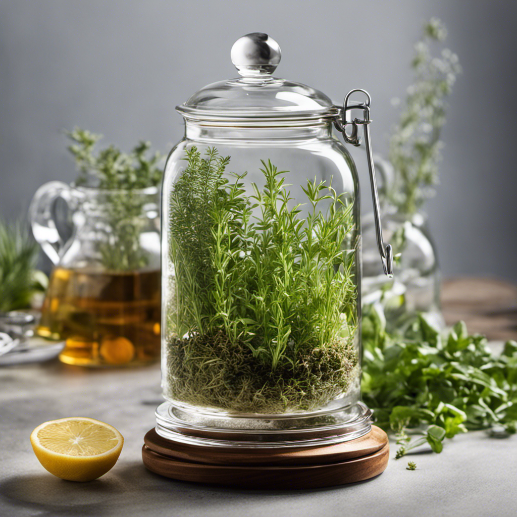 An image that showcases a serene scene of a glass jar filled with vibrant, fresh herbs suspended in cool, crystal-clear water