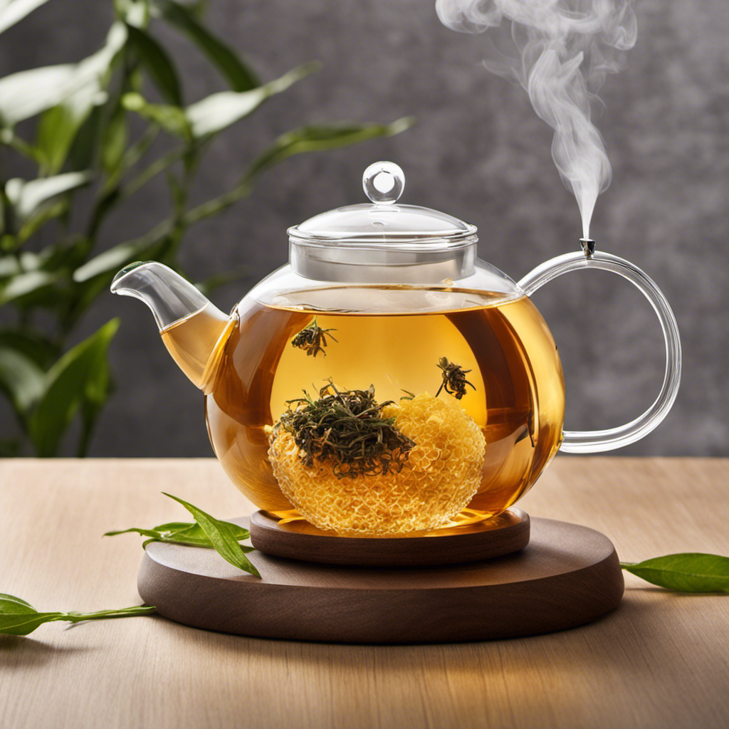 An image that showcases a clear glass teapot, filled with steaming amber-hued Honey Oolong Milk Tea