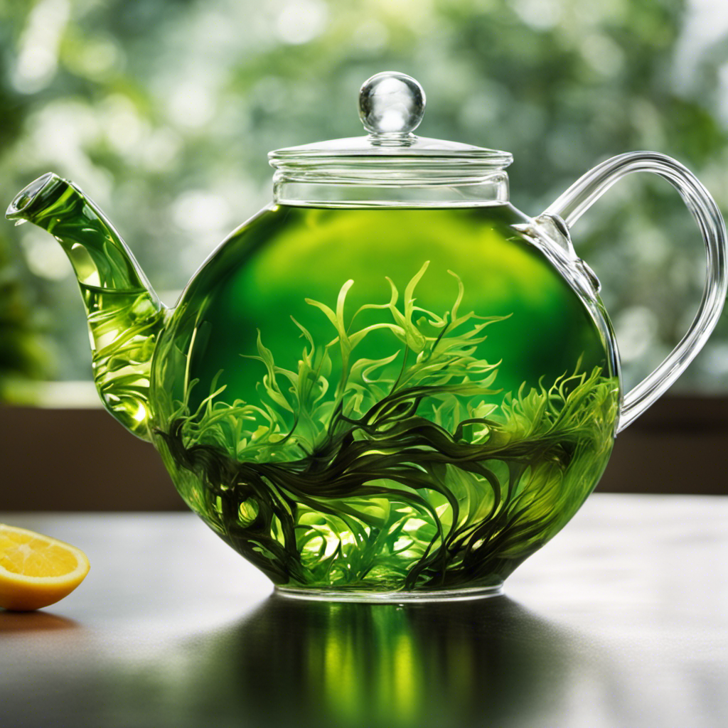 An image showcasing a clear glass teapot filled with steaming kelp tea, infused with vibrant green hues