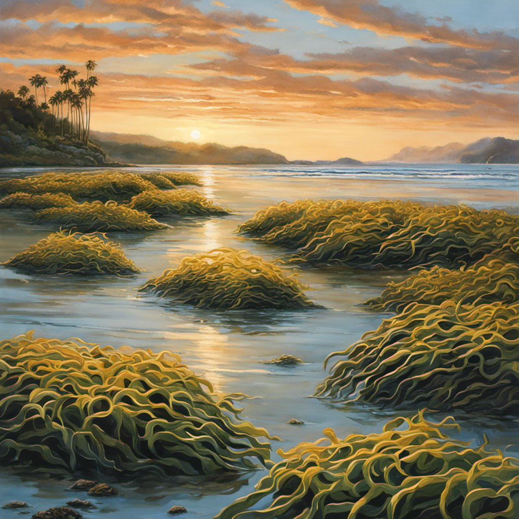 An image of a serene coastal scene at low tide, showcasing a pair of hands gently harvesting vibrant kelp fronds from crystal-clear waters