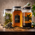An image showcasing the step-by-step process of making decaffeinated kombucha tea: a glass jar filled with tea leaves, a timer indicating steeping time, a strainer removing leaves, and a glass filled with the brewed tea