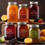 An image showcasing the step-by-step process of making kombucha tea with juice: a glass jar filled with sweetened tea, a colorful assortment of fresh fruits, a strainer with tea leaves, and a glass of delicious, fizzy kombucha poured over ice