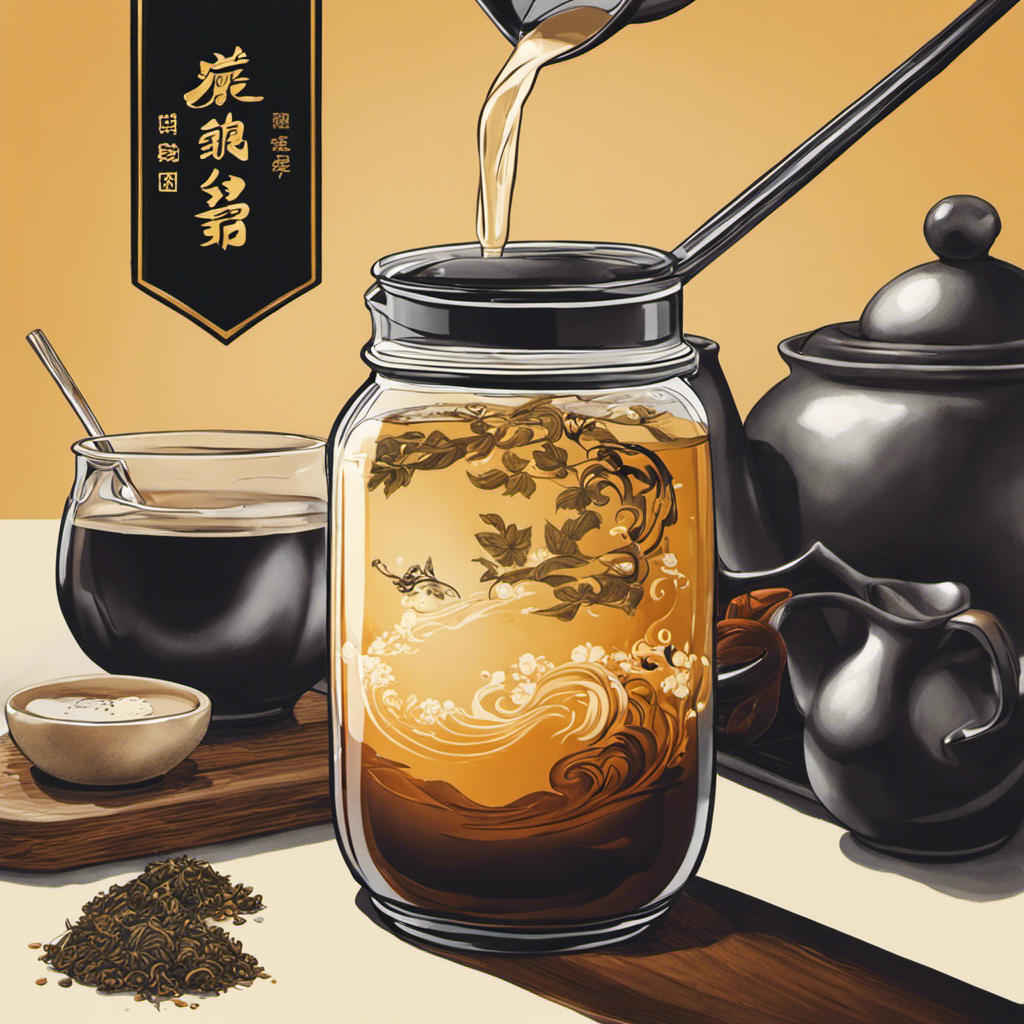 An image showcasing the step-by-step process of making Kung Fu Tea Oolong Milk Tea: a hand pouring rich, amber-hued brewed oolong tea into a glass filled with ice, followed by a gentle stream of creamy milk swirling into the tea