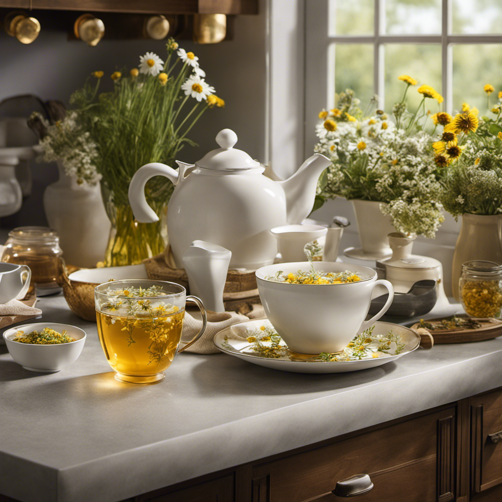 An image of a serene kitchen countertop adorned with a steaming cup of Lipton Herbal Tea, freshly picked chamomile flowers, a teapot pouring golden liquid, and a delightful assortment of aromatic herbs, showcasing the art of making this soothing beverage