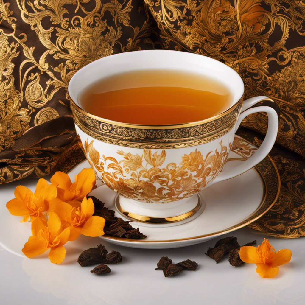 An image showcasing a steaming cup of Maharaja Chai Oolong Tea, its amber hue illuminating the intricate floral patterns of the teacup