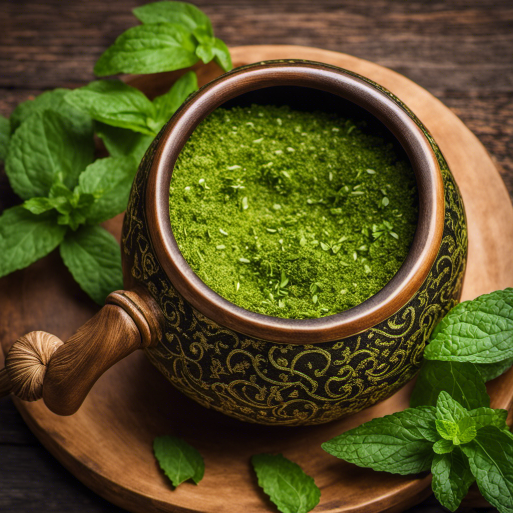 Ting close-up image of a vibrant green yerba mate being brewed in a traditional gourd, adorned with fresh mint leaves scattered around, capturing the essence of the refreshing and aromatic mint-flavored infusion