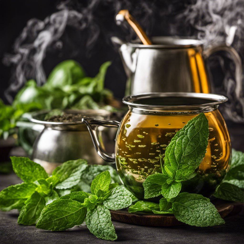 An image that showcases a vibrant green yerba mate gourd filled with fresh mint leaves, immersed in hot water