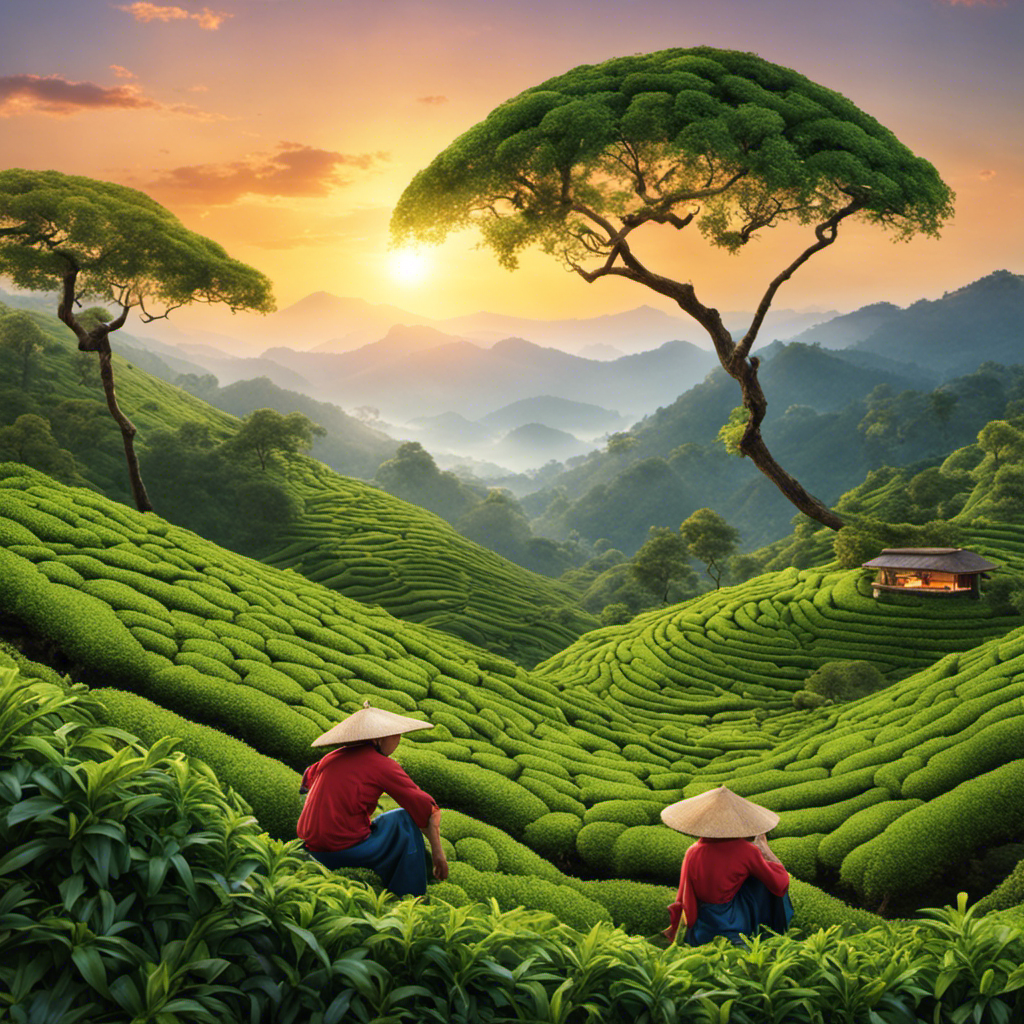 An image depicting a lush mountain landscape at sunrise, showcasing a skilled farmer effortlessly plucking tea leaves from the highest branches of ancient tea trees, surrounded by playful monkeys curiously observing