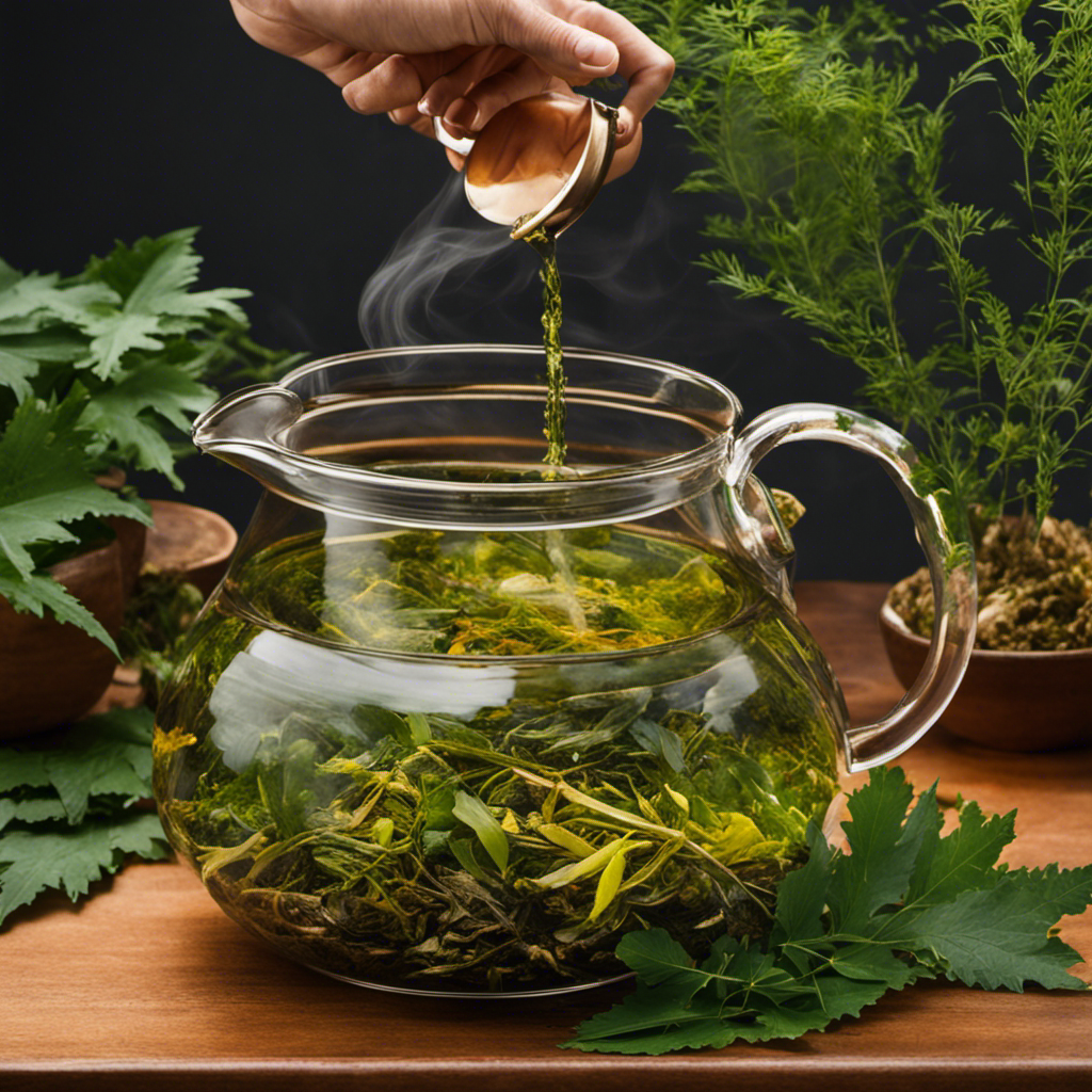 An image showcasing the step-by-step process of making Neem/Kelp tea: a close-up shot of hands gently brewing crushed Neem and Kelp leaves in a glass teapot, as steam swirls and delicate herbal aromas fill the air