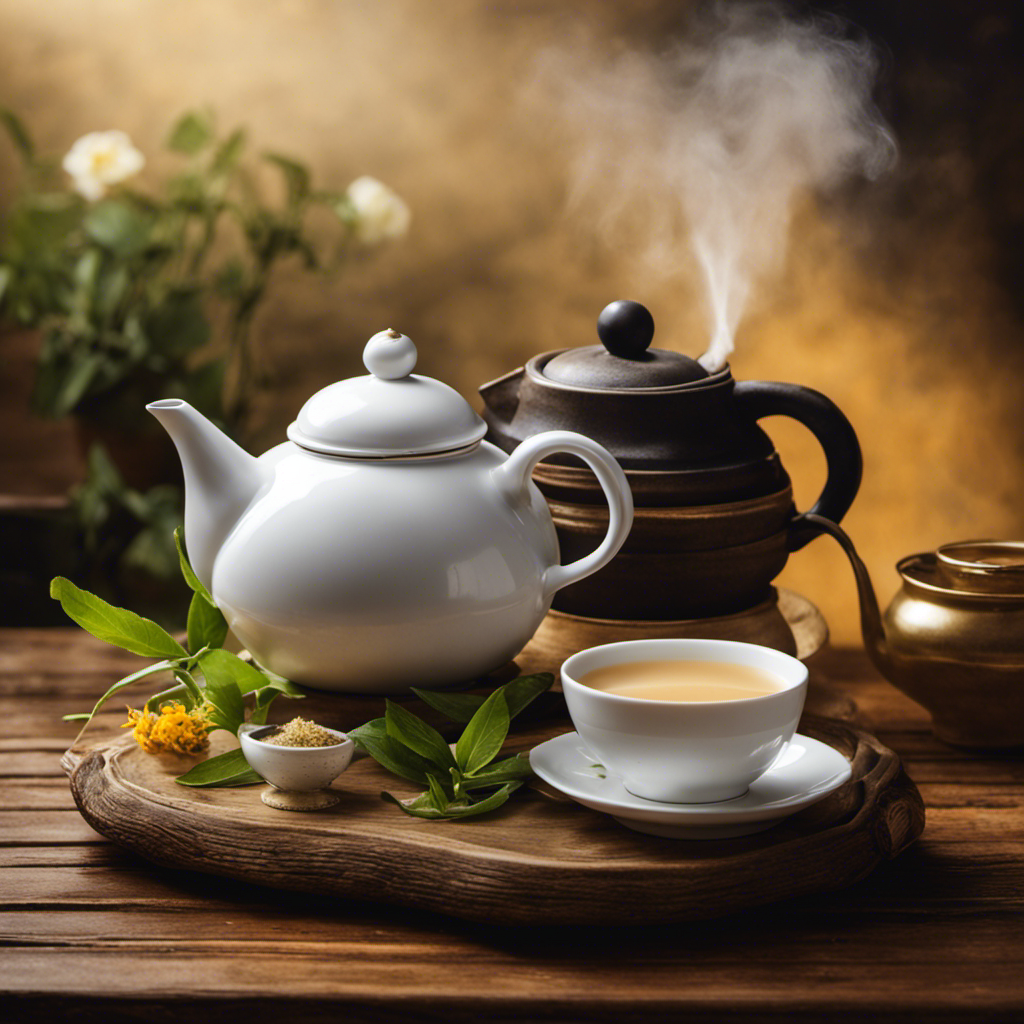 An image showcasing a serene kitchen scene: a steaming teapot sits on a rustic wooden table alongside a delicate porcelain teacup filled with golden Oolong milk tea, surrounded by fresh tea leaves and a splash of milk