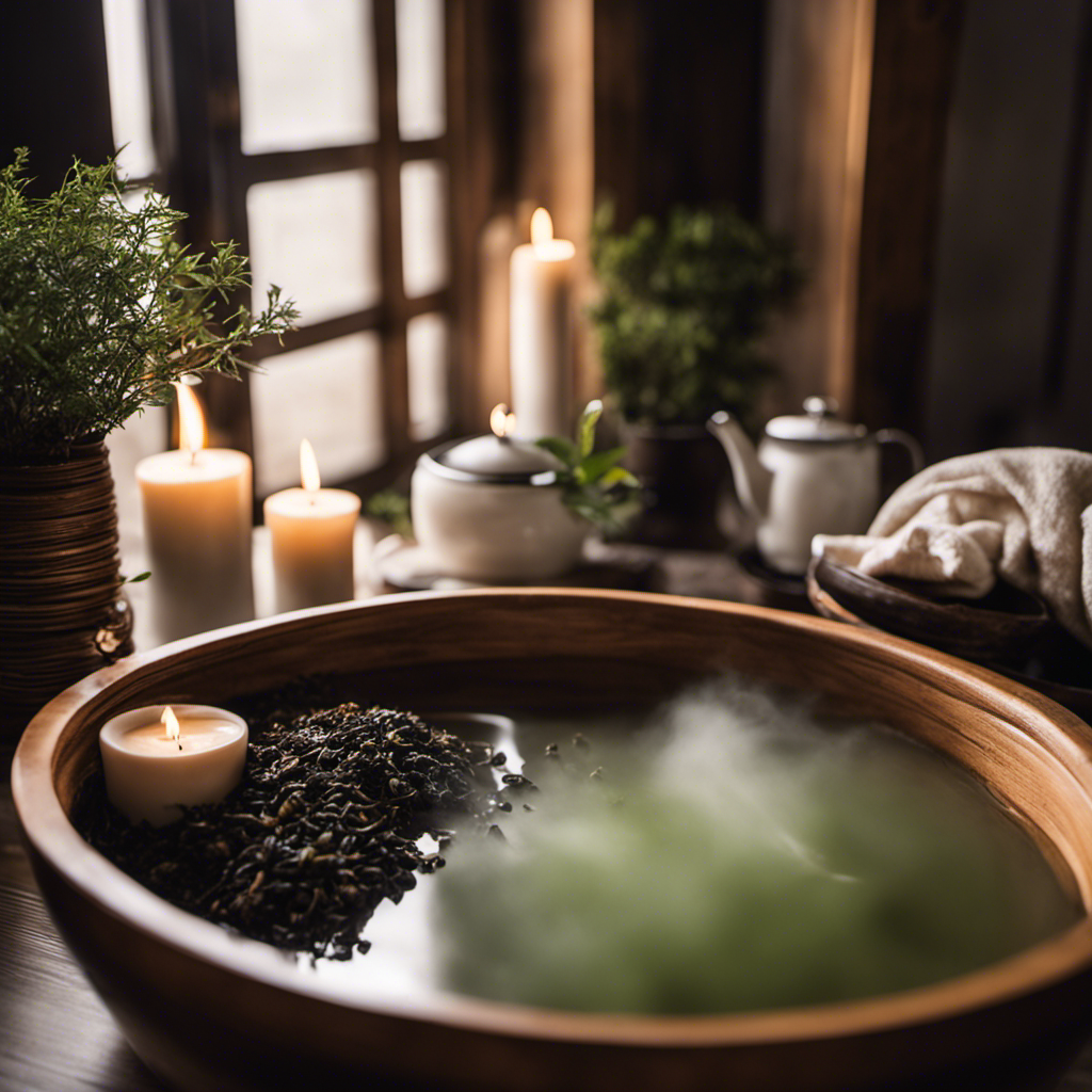 An image that showcases a serene bathroom scene with a wooden tub filled with steaming water infused with Oolong tea