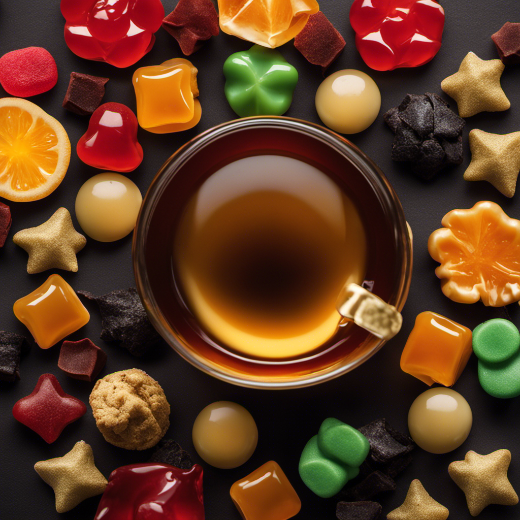 -up shot of a steaming cup of freshly brewed oolong tea, surrounded by a vibrant assortment of oolong tea candies in various shapes, sizes, and flavors