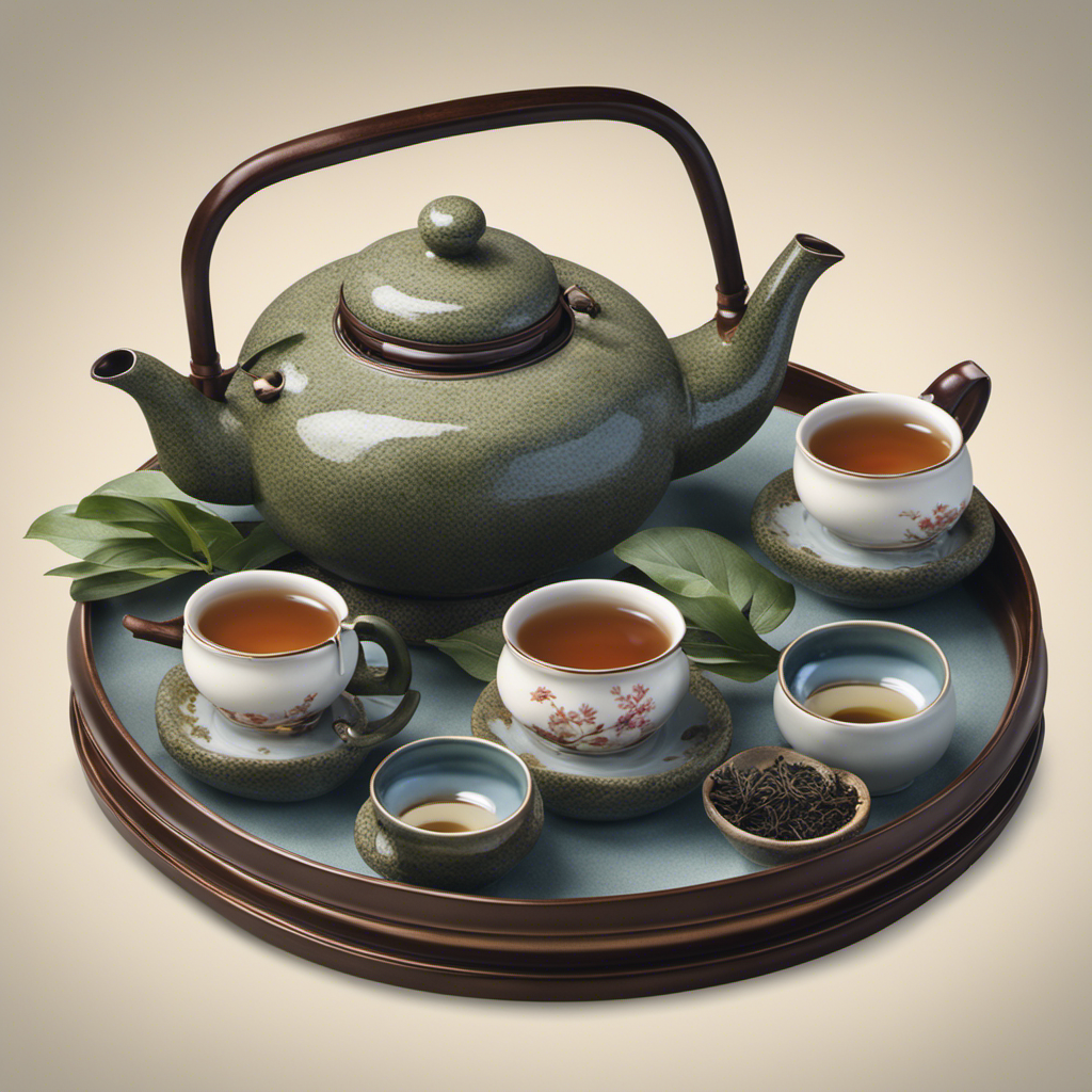 An image showcasing a serene setting with a traditional Chinese tea set, where a warm stream of water pours onto curled Oolong tea leaves in a small teapot, capturing the essence of the perfect brewing process
