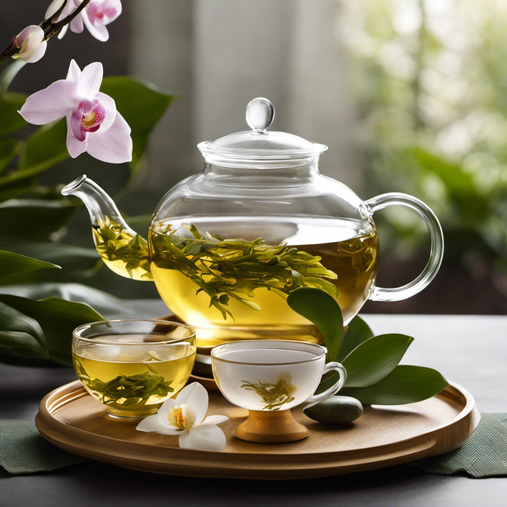 An image showcasing a serene tea ceremony: a delicate porcelain teapot pouring a stream of golden Oolong tea into a clear glass cup, surrounded by vibrant green tea leaves and a blossoming orchid