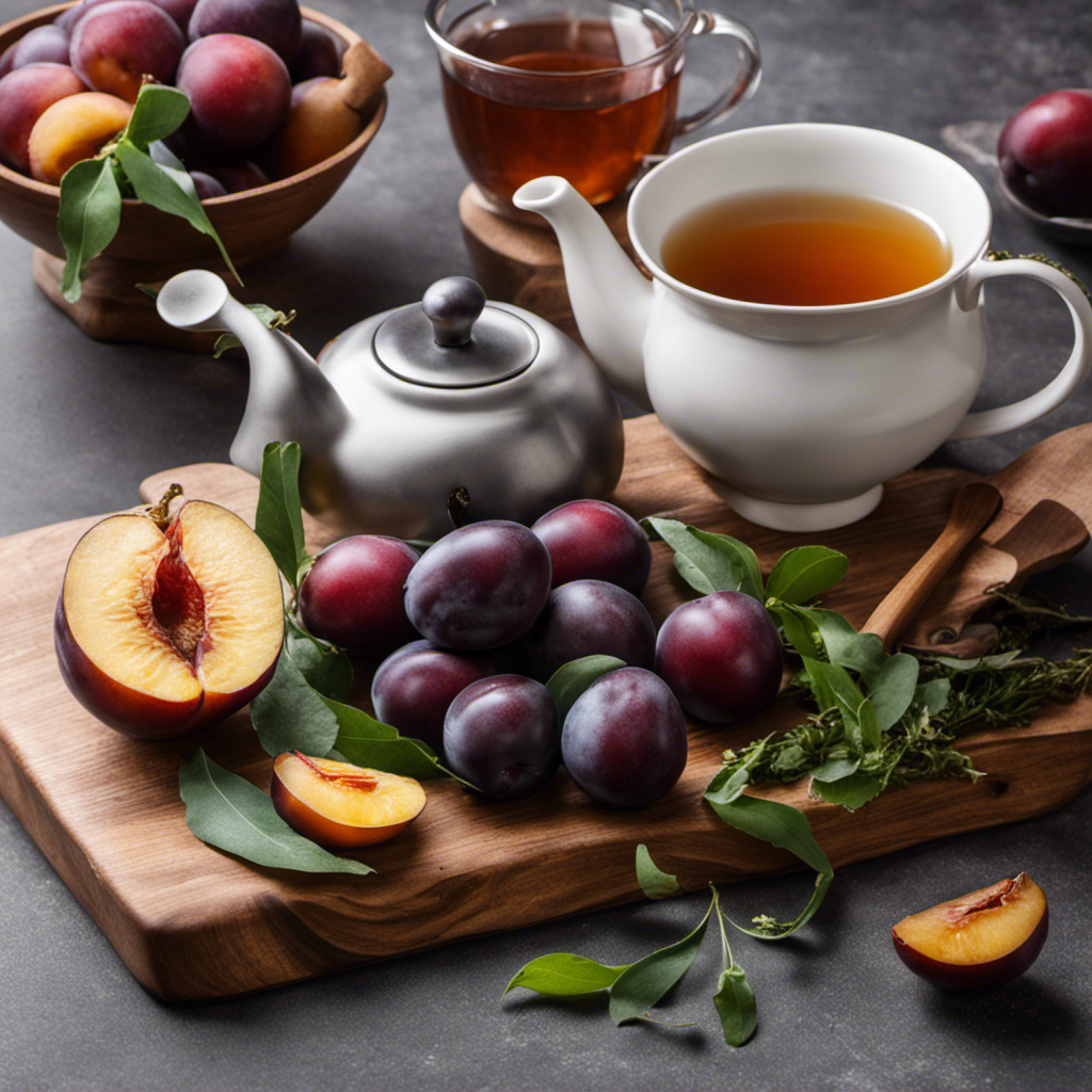 An image showcasing a beautifully arranged wooden cutting board with freshly picked plums and kelp, a mortar and pestle grinding the ingredients, and a steaming teapot pouring the infused tea into a delicate cup