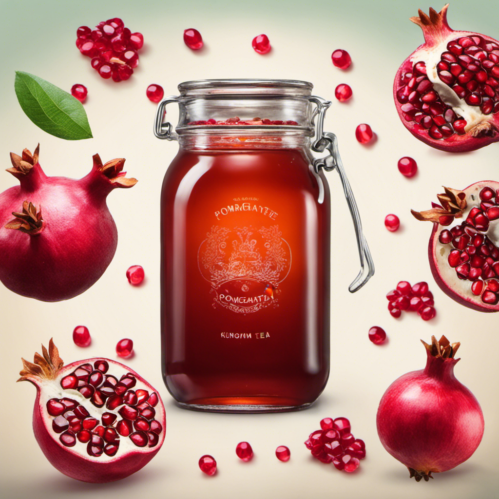 A vibrant image capturing the process of making Pomegranate Kombucha Tea: A glass jar filled with fermenting tea, surrounded by fresh pomegranate fruits, tea leaves, and a splash of sparkling bubbles
