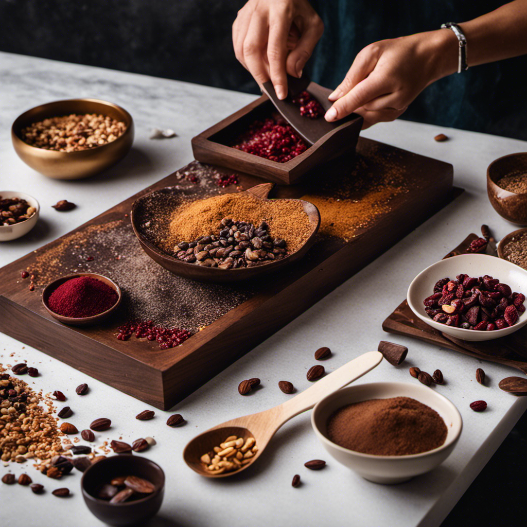 An image showcasing the process of making raw cacao bars: a wooden table adorned with a marble slab, surrounded by bowls of melted cacao, crushed nuts, and dried berries, as hands mix the ingredients together