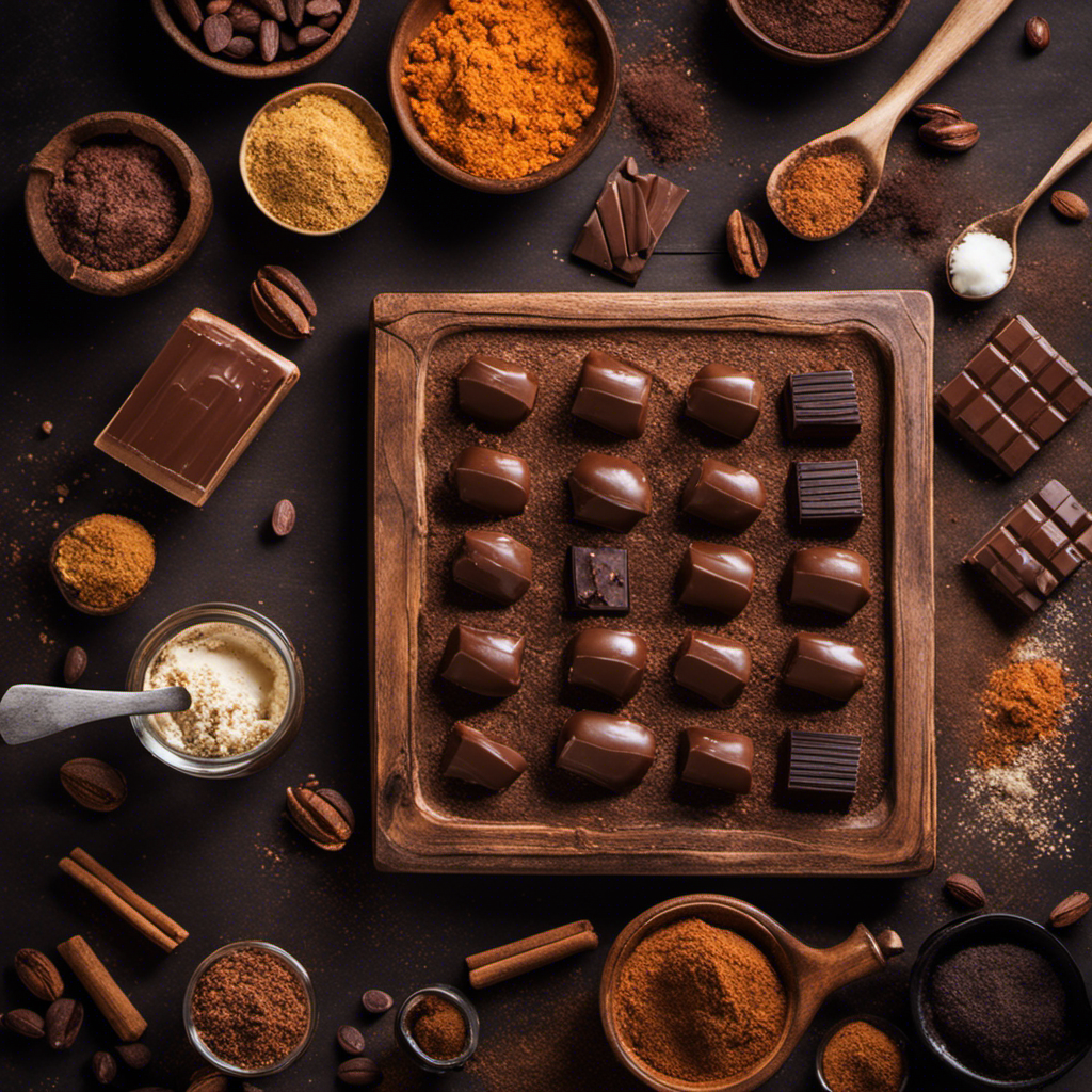 An image of a rustic wooden table adorned with a marble slab, surrounded by ingredients like raw cacao powder, coconut oil, maple syrup, and various toppings, showcasing the step-by-step process of making raw cacao chocolate bars
