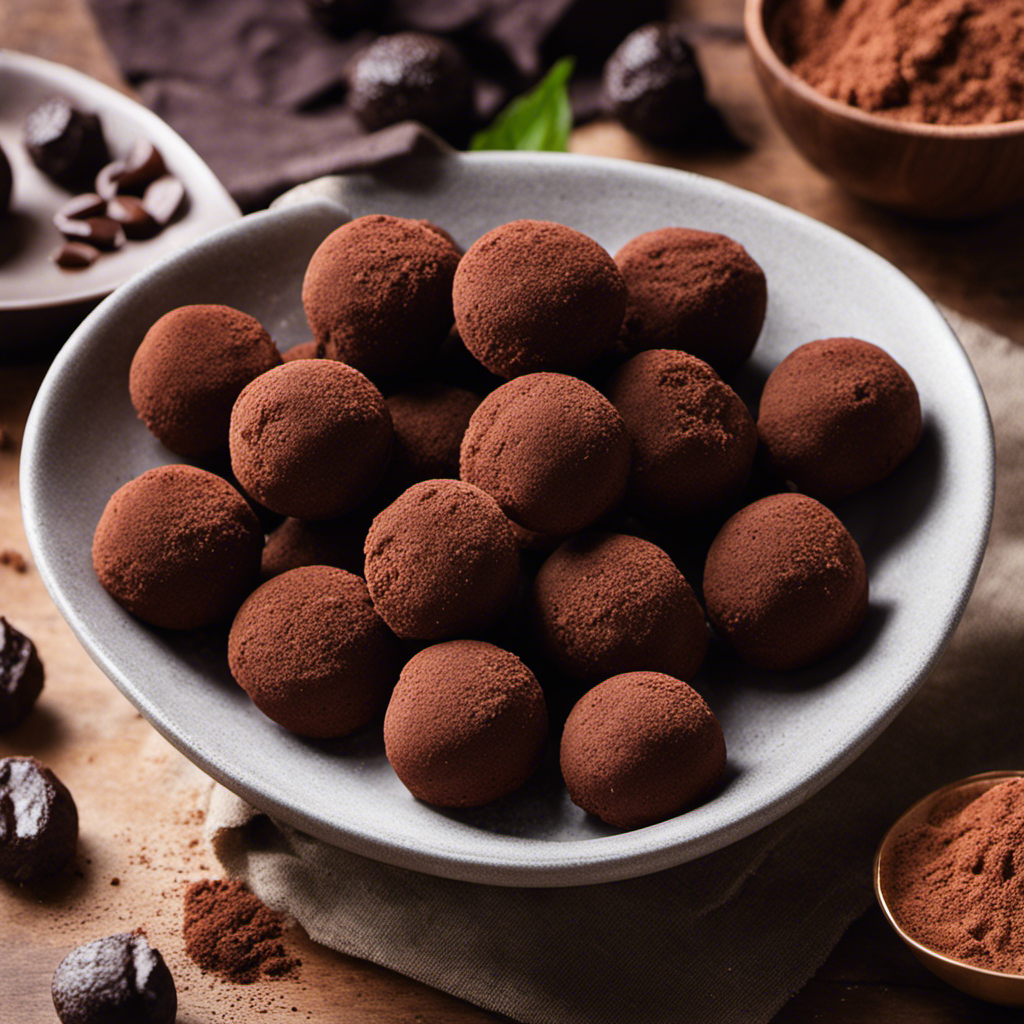 An image capturing the process of making raw cacao truffles: a bowl filled with rich, velvety cacao paste, hands expertly shaping bite-sized orbs, and a dusting of powdered cacao for a finishing touch