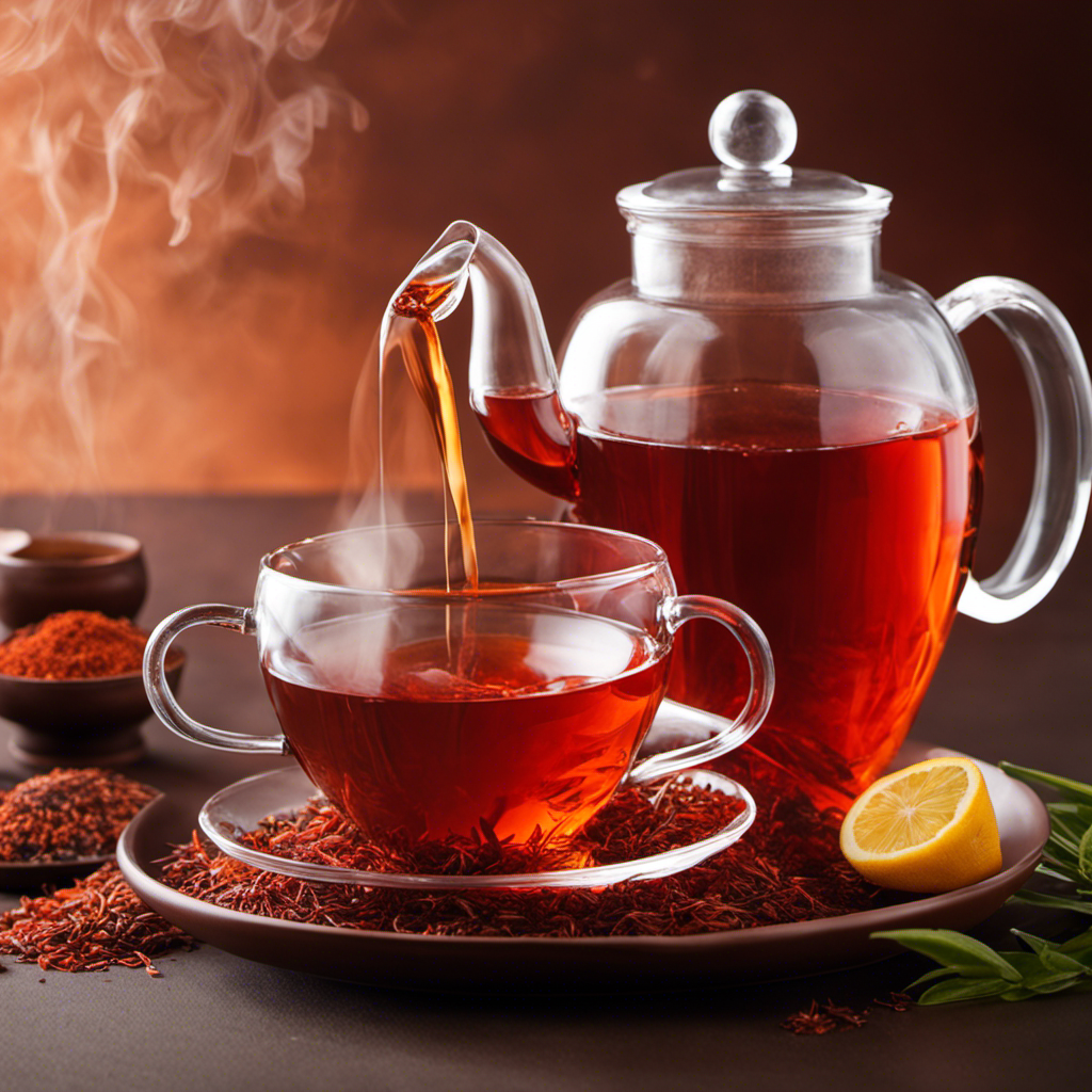 An image showcasing the step-by-step process of making Red Rooibos Tea: a vibrant red teapot pouring boiling water over dried Rooibos leaves, followed by a brewing teacup, and finally, a steamy cup of aromatic tea