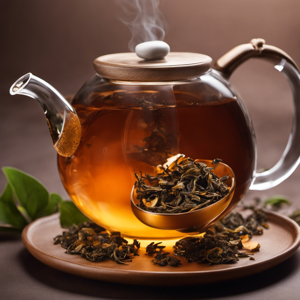 -up shot of a ceramic teapot pouring steaming, amber-colored liquid into a delicate, transparent glass teacup, surrounded by a bed of roasted oolong tea leaves, emanating a rich aroma
