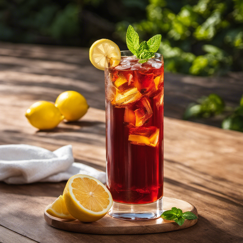 An image showcasing a tall glass filled with ruby-red, ice-cold Rooibos iced tea