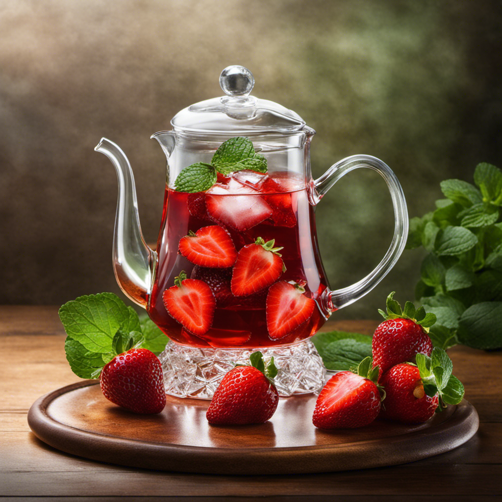 An image showcasing a glass pitcher filled with ice cubes and vibrant, ruby-red strawberry slices
