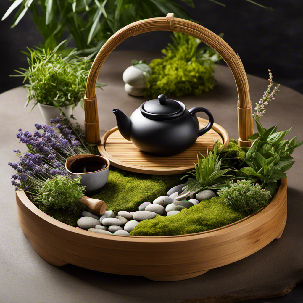 An image showcasing a serene, bamboo-filled Zen garden, with a delicate ceramic teapot and a variety of vibrant, freshly picked herbs such as chamomile, lavender, and mint, ready to be infused into Teavana herbal tea