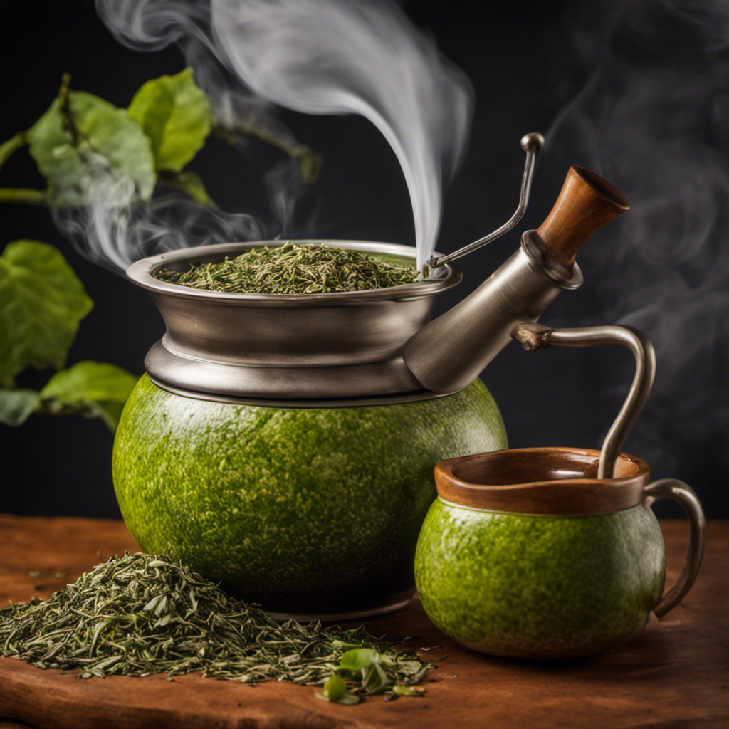 An image showcasing a gourd filled with vibrant green, freshly brewed yerba mate leaves, surrounded by a delicate wisp of steam, while a hand gently pours hot water into it, capturing the essence of the perfect yerba mate preparation