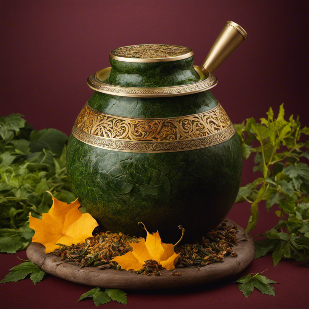 An image showcasing a traditional gourd filled with rich, deep green yerba mate leaves, surrounded by steaming water at the optimum temperature