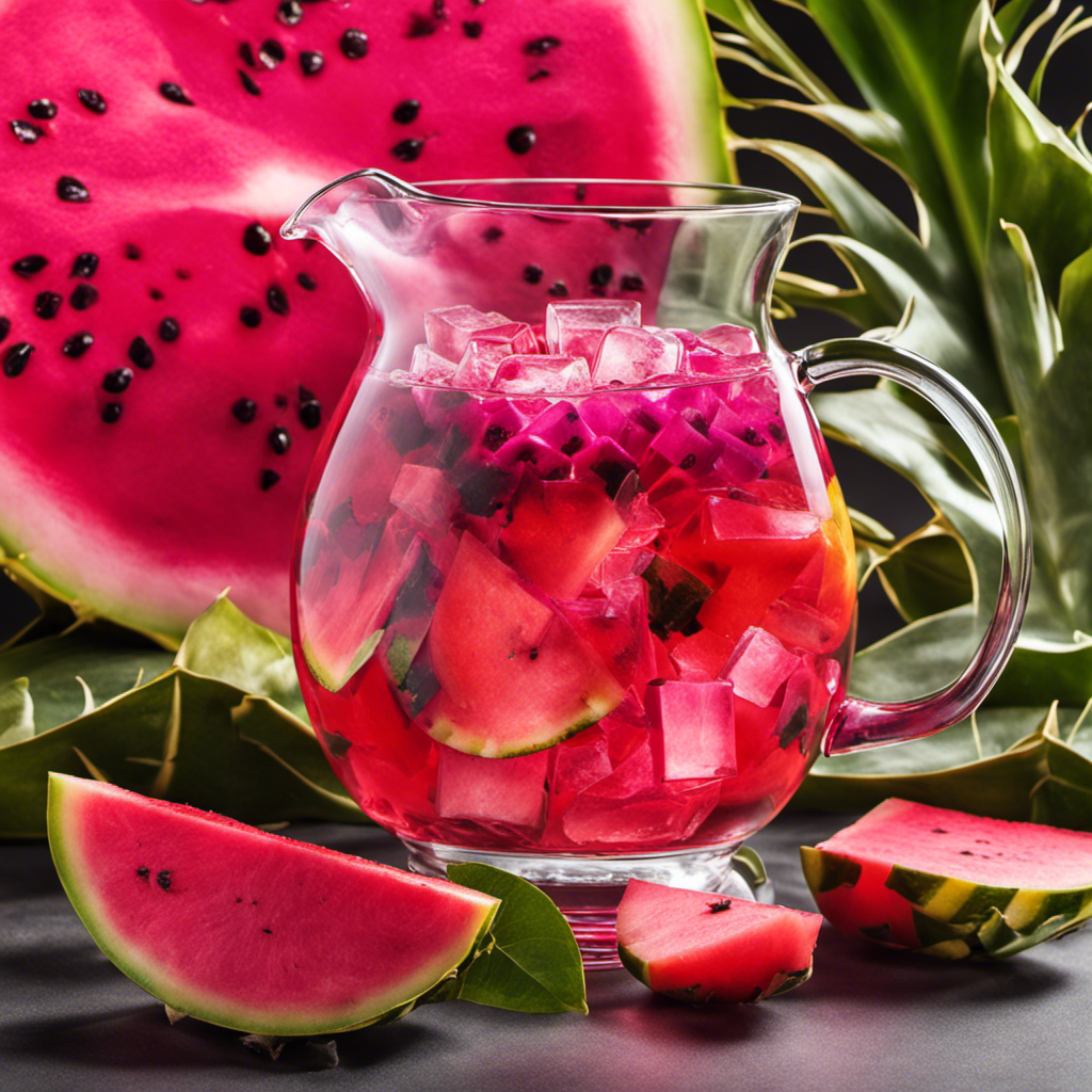 Nt, tropical image of a glass pitcher filled with ice-cold water infused with slices of dragon fruit, watermelon chunks, and fresh yerba mate leaves, exuding a refreshing aura with its vivid colors and natural elements