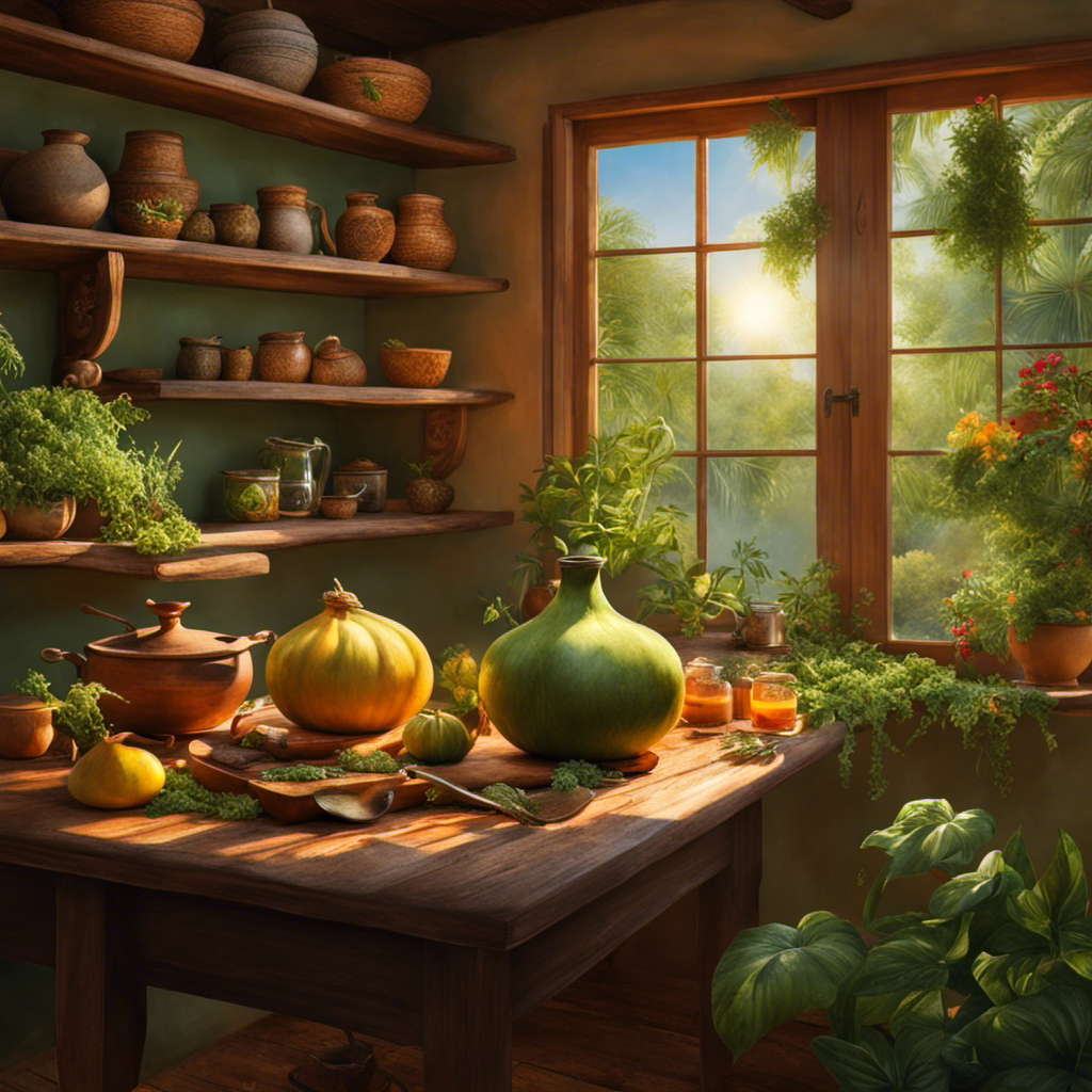 An image depicting a serene, sunlit kitchen scene with a wooden table adorned with a traditional gourd and bombilla, surrounded by vibrant green yerba mate leaves and a steaming clay pot filled with hot water