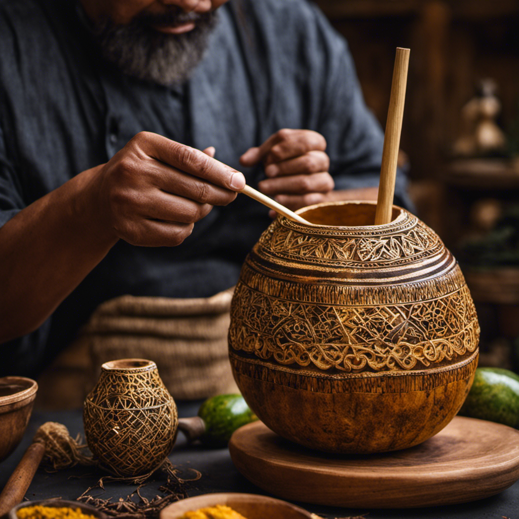 An image featuring hands delicately carving and shaping a dried gourd, meticulously hollowing it out, then skillfully attaching a metal or wooden straw, showcasing the step-by-step process of crafting a traditional Yerba Mate gourd