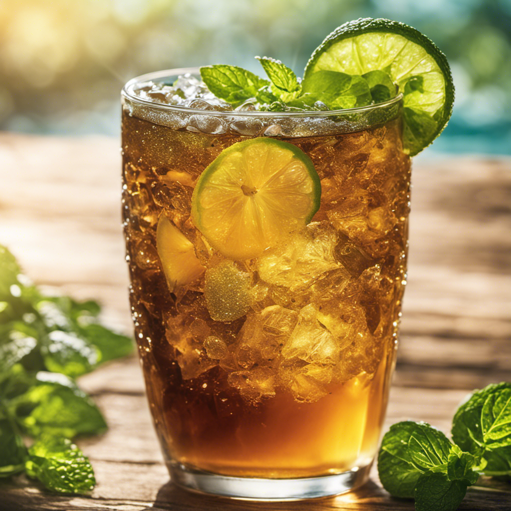 An image that showcases a tall glass filled with crystal-clear ice tea infused with the vibrant green hue of yerba mate, adorned with droplets glistening in the sunlight, and garnished with a sprig of fresh mint